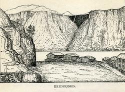 Sett frå høgre: Nils J. Ness sitt hus, hotell og butikk (i d