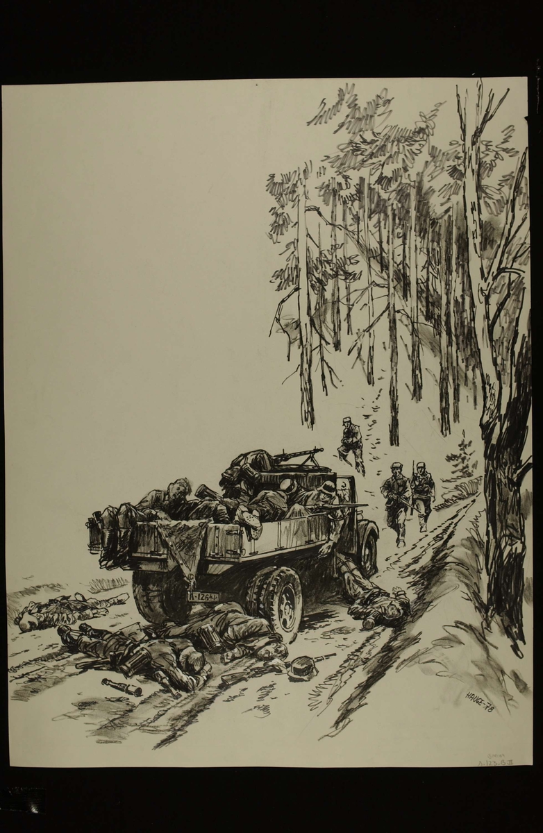 Tyske soldater på lastebil nedkjempes av norske soldater under felttoget 1940 ved Nærbymoen. Side 135.