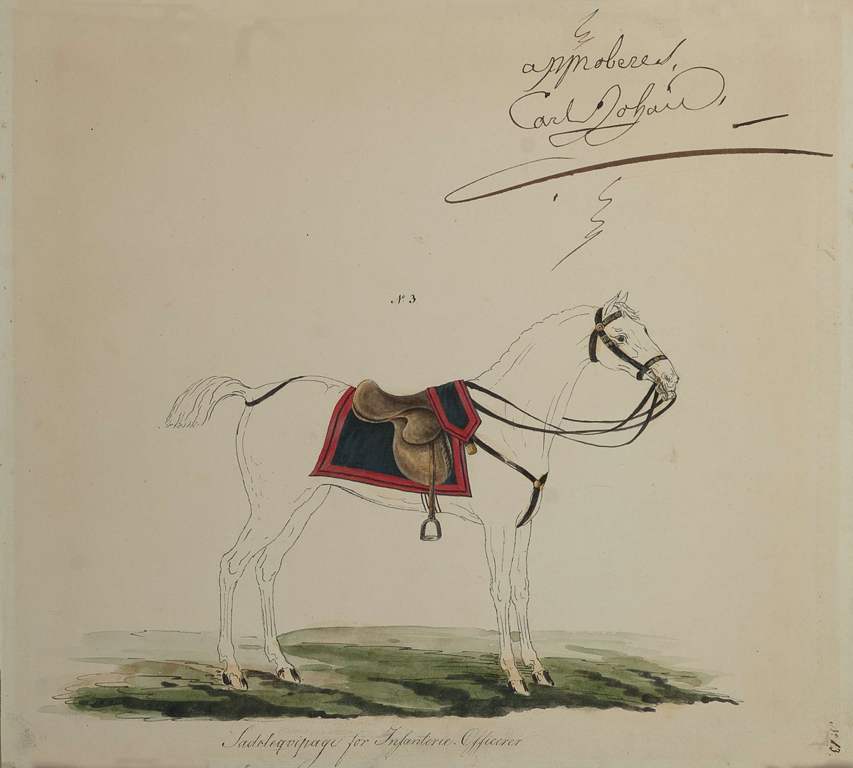 Approbasjonstegning for sadelekvipasje for infanterioffiser, 1830. Tekst: No 3. Sadeleqvipage for Infanterie Officerer.