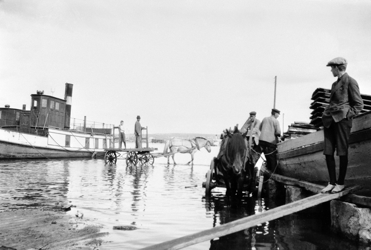 Hamar brygge, Hamarbukta, mjøsbåt, D/S Bundefjord, flommen 1927, Mjøsflommen 1927, transport av varer, hestetransport, hestekjøretøy. Båten til høyre er M/S Svalen II, lastebåt,