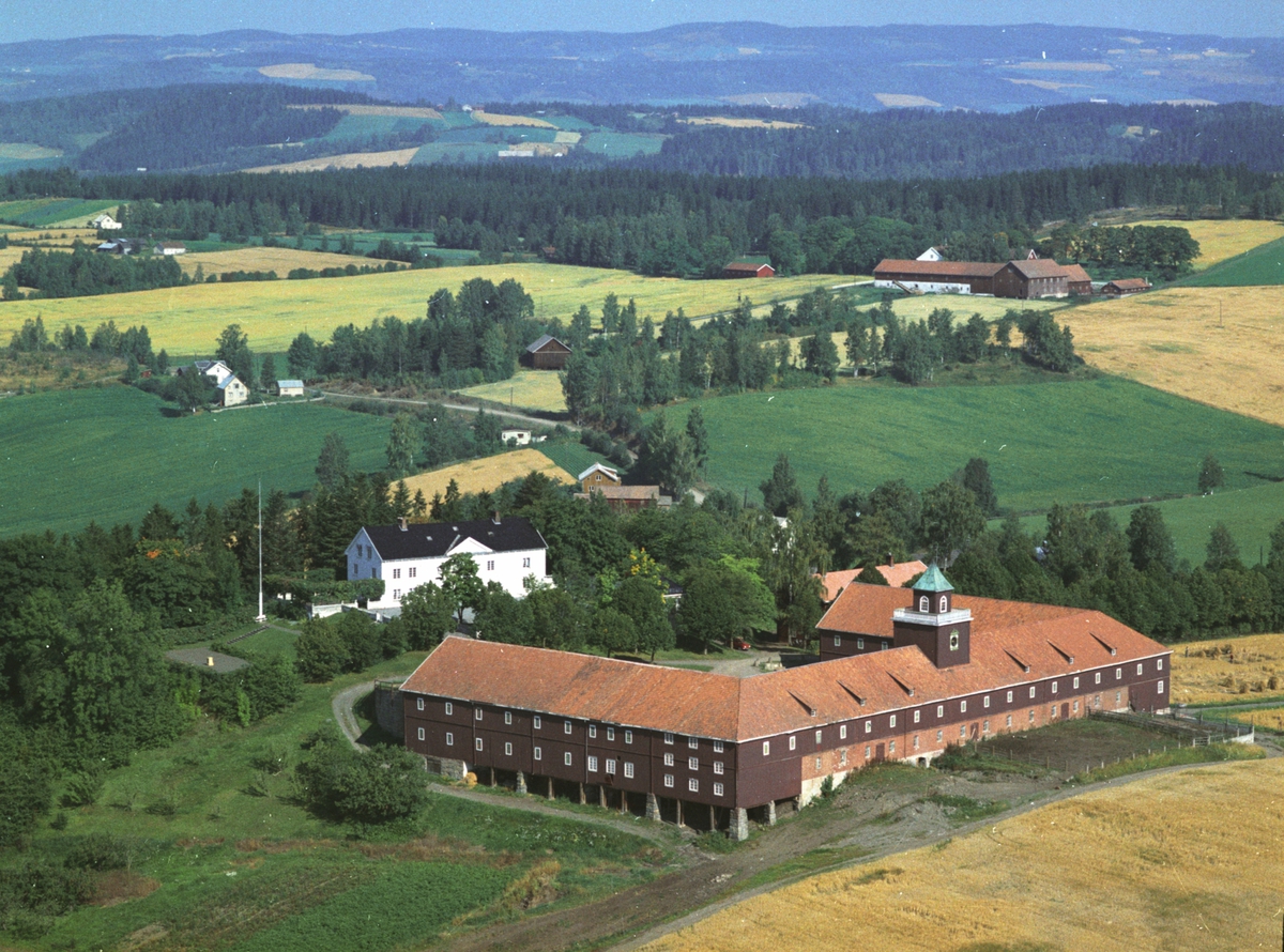 Flyfoto av Skredshoel gård, Ringsaker. Hovedbygning og låven.