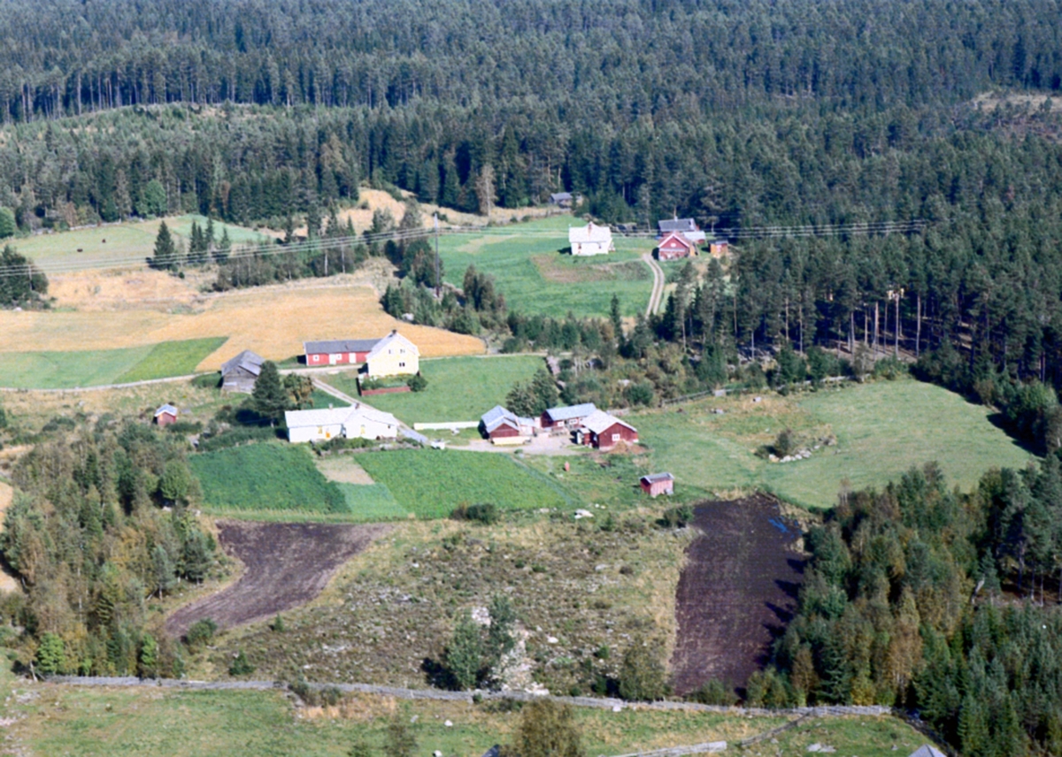 Flyfoto Tømmerholsroa (27 i midten), Løten. Bildet viser 3 småbruk i Tømmerholsroa. Nærmest Livabakken, deretter Tømmerholen og innerst Hoel.