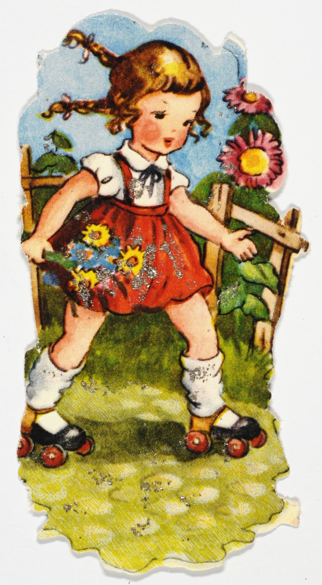 Jente på rulleskøyter med blomsterbukett i høyre hånd. Gjerde i bakgrunnen.