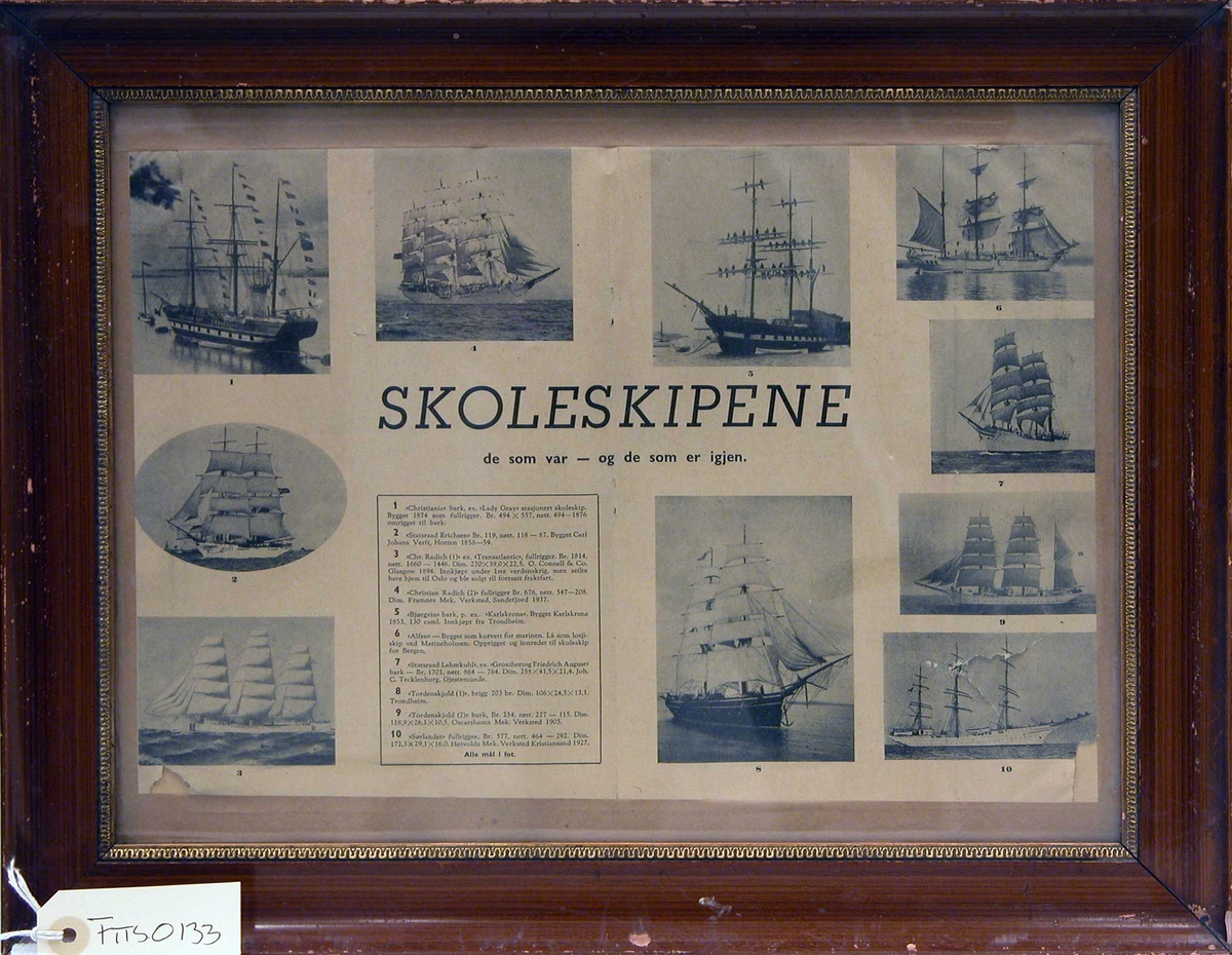 Trykt s/h-side med bilder av 10 av de norske skoleskipene, med tekst omhandlende det enkeltes tidligere og nåværende skipsnavn, skipsmål og skipsverft.