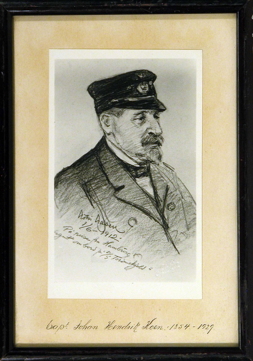 Fotografi av tegnet portrett av kaptein Johan Hendrik Koen (1854-1929).