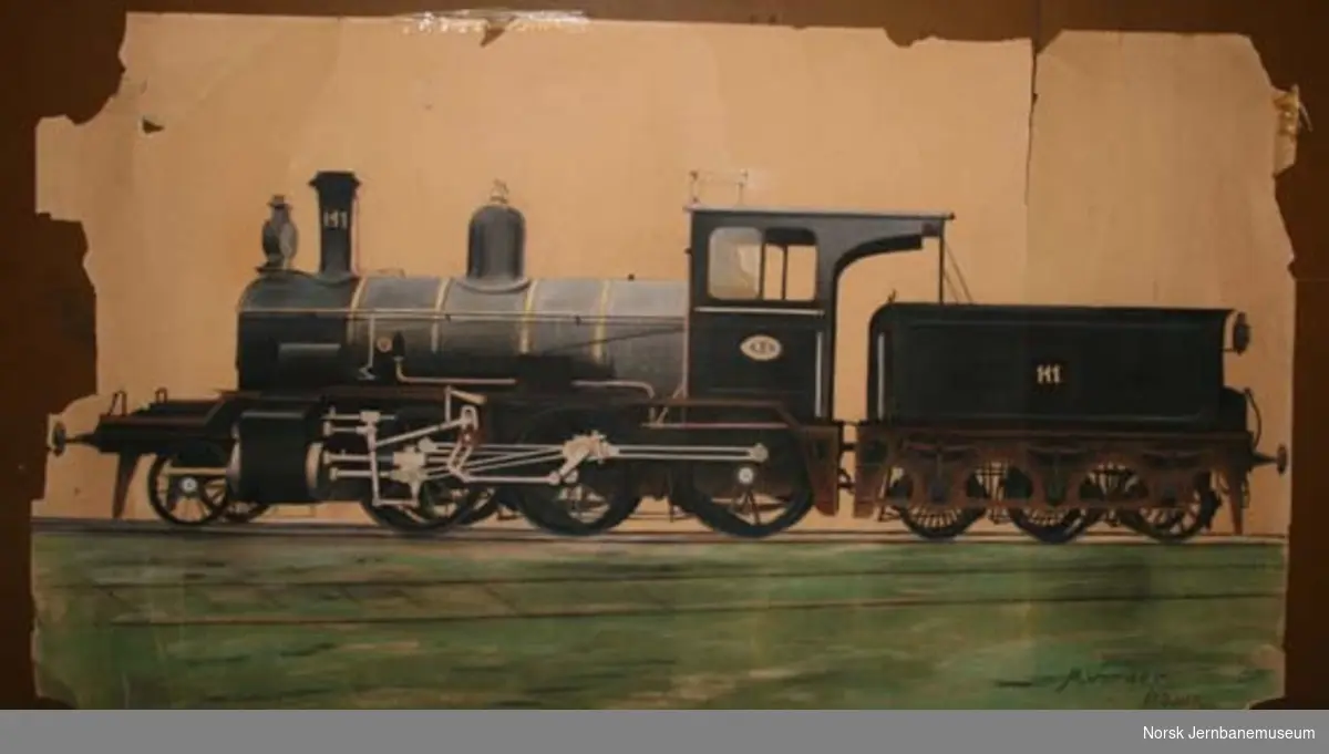 Fargelagt tegning av damplokomotiv nr. 141