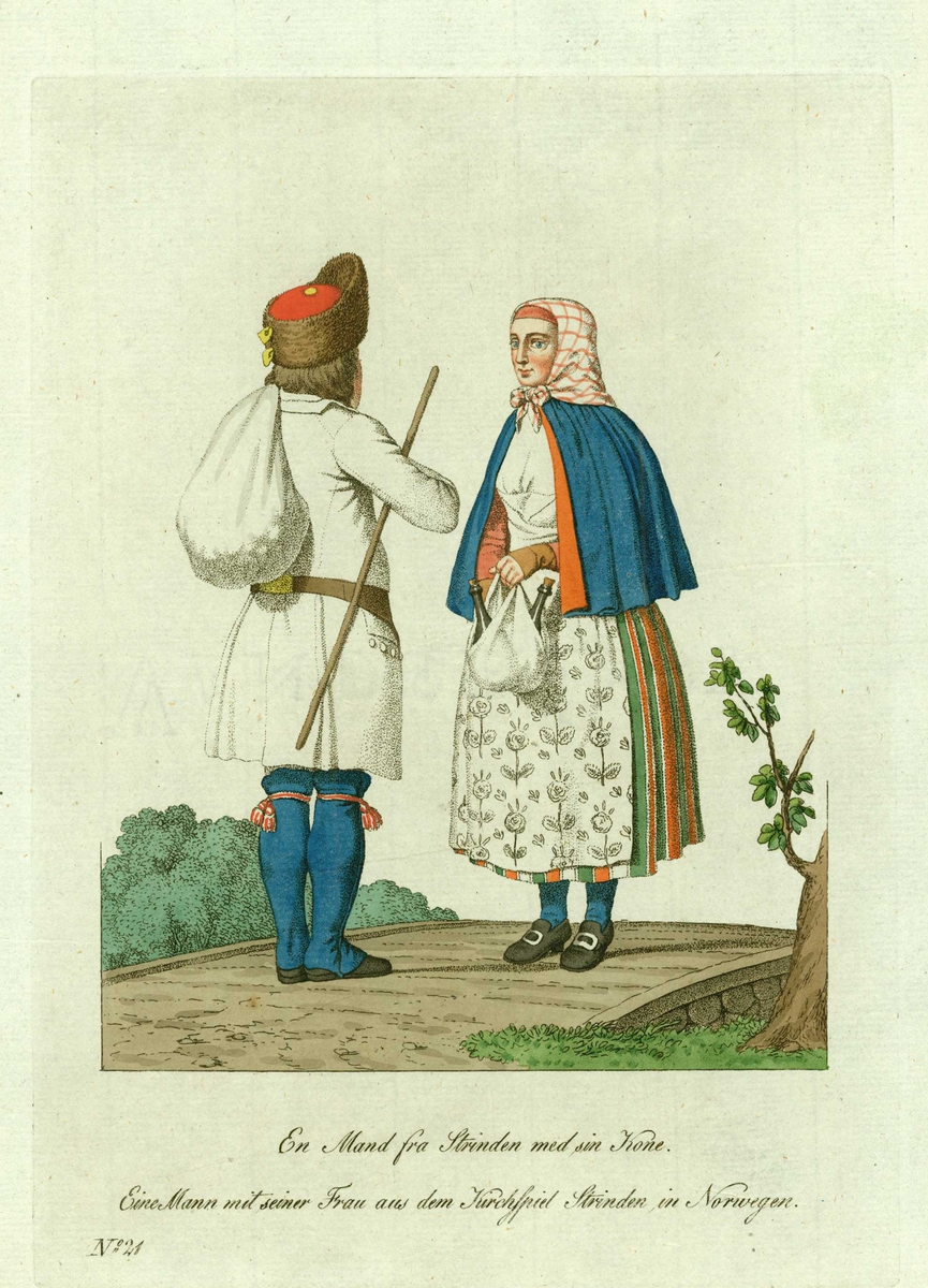 Mann og kone i folkedrakter fra Strinda,  Sør-Trøndelag, han med sekk på ryggen og vandrestav, hun med tøypose med flasker i hånden.