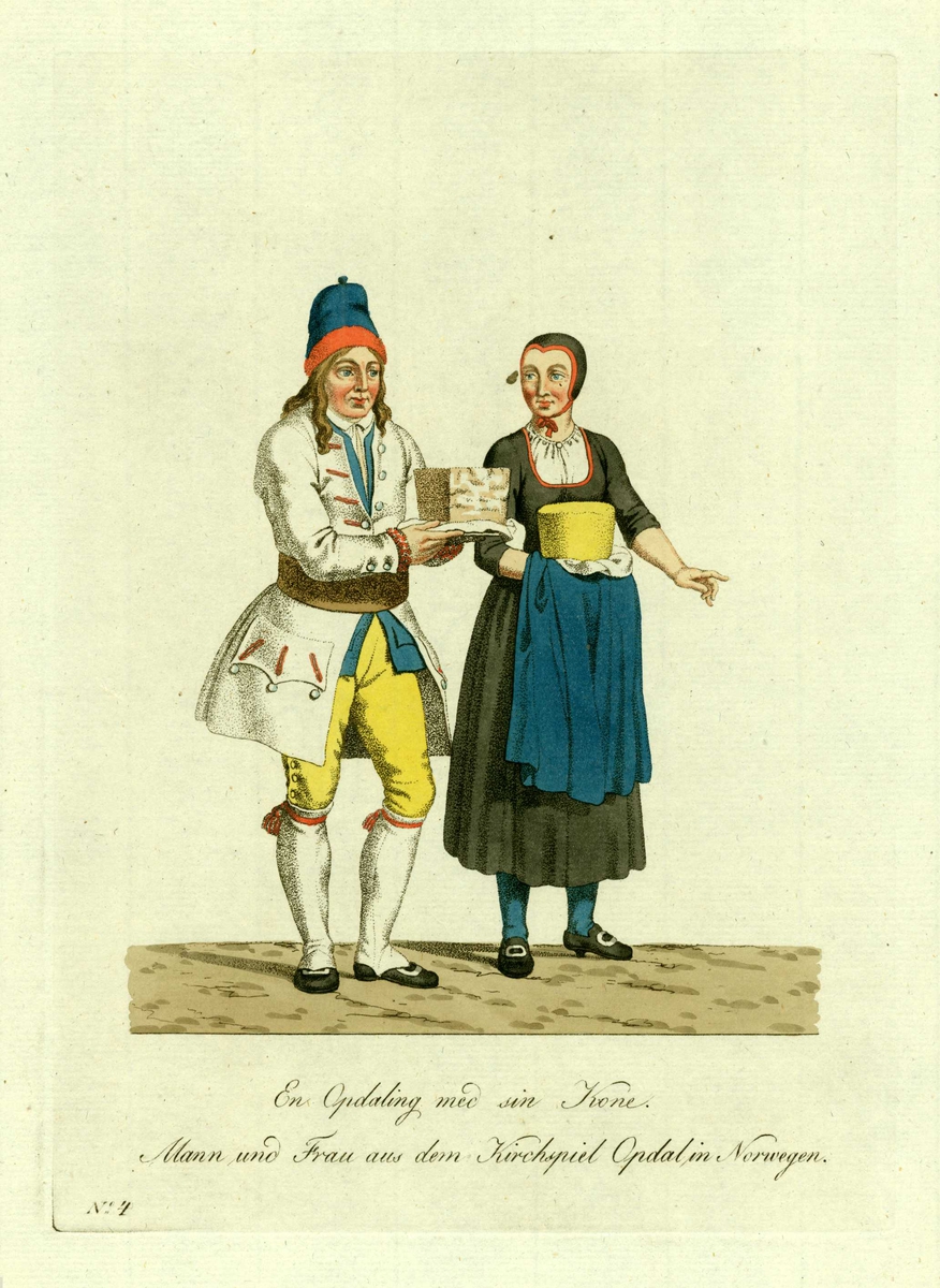 Mann og kone i folkedrakter fra Oppdal, Sør-Trøndelag, begge med attributter, matvarer, i hendene.