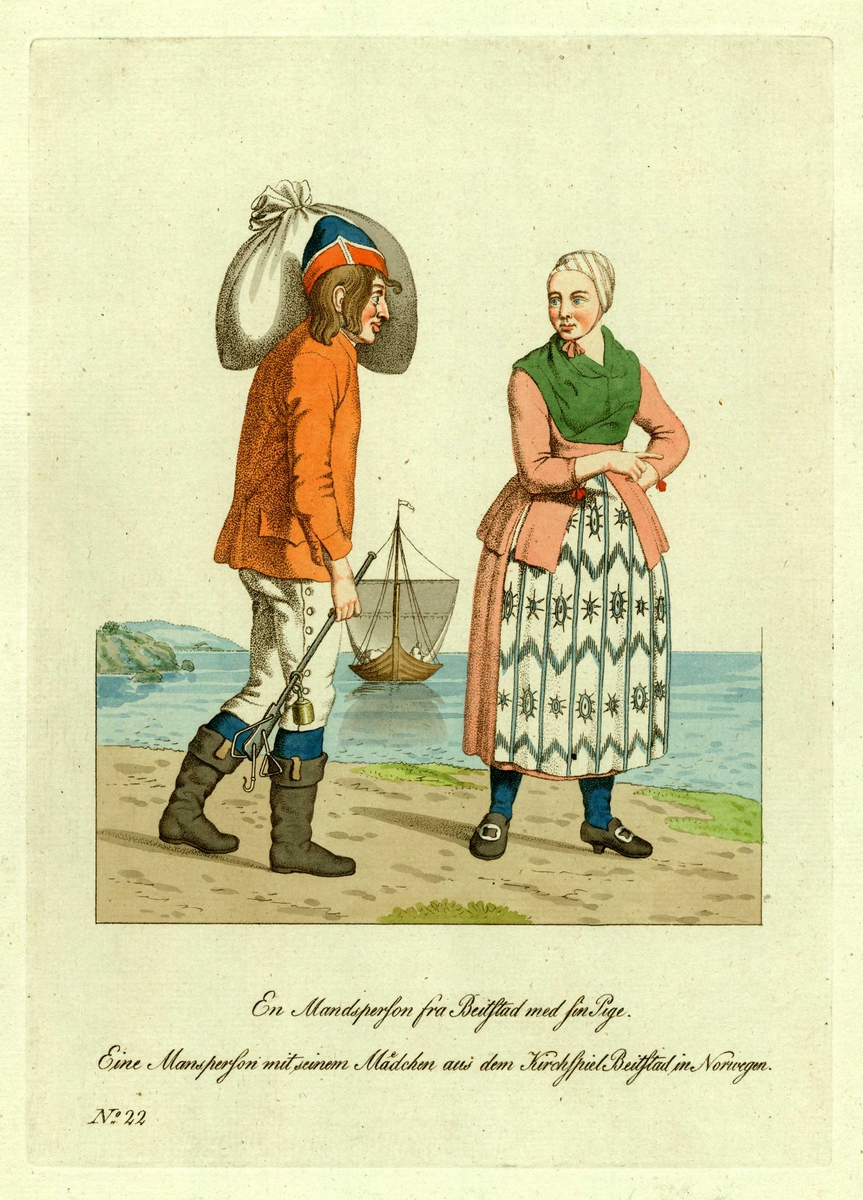 Mann og kvinne (jente) i folkedrakter fra Beitstad, Steinkjer, Nord-Trøndelag, i sjøkanten, han med vekt i høyre hånd og sekk over skulderen, trebåt under råseil i bakgrunnen. 