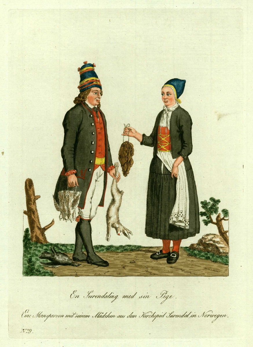 Mann og kvinne (jente) i folkedrakter fra Surnadal, Møre og Romsdal, med ulike jaktprodukter som fugl og hare i hendene.