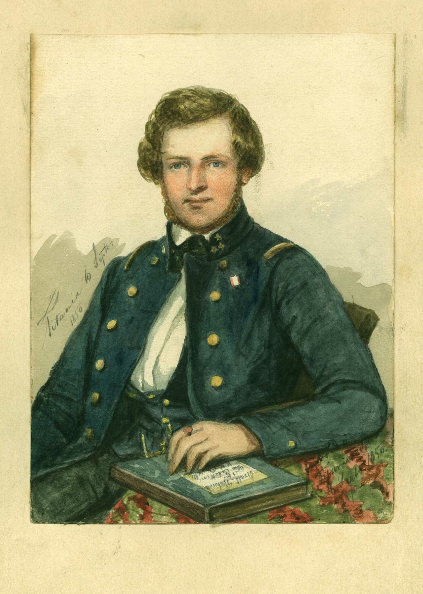 Portrett, knebilde av mann med uniform og bok