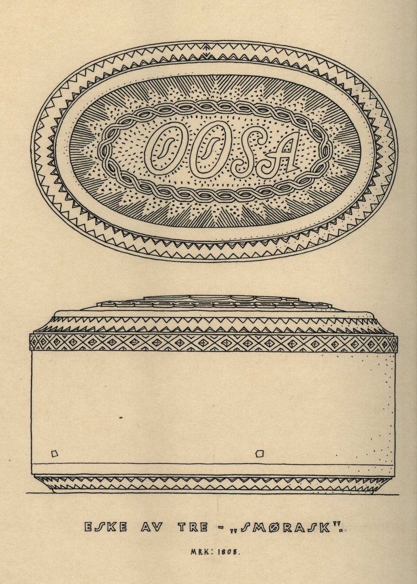 Erling Gjones tegning (1928) av smørask av tre, datert 1808 og sølvberger, med inskr. O.K.S.G, oppr. fra Tveiten, Søre Vangestad, Flesberg, Buskerud. 
