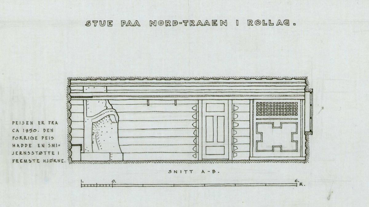 Erling Gjones tegning (1929) av stue på Nordre Tråen i Rollag, Buskerud. Plan- og snittegning.