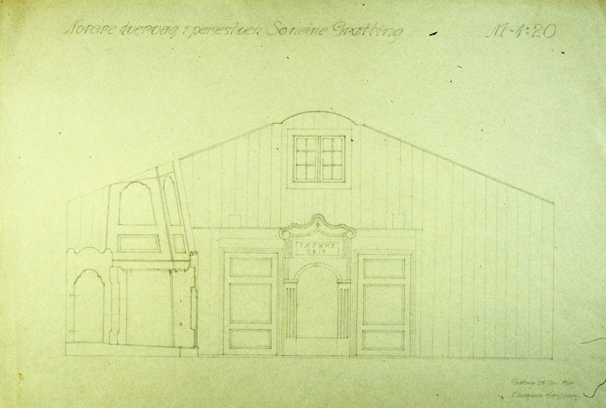 Valdemar Hansteens tegning (1920) av tverrvegg i peisestue, Søndre Grøtting, Rendalen, Hedmark.