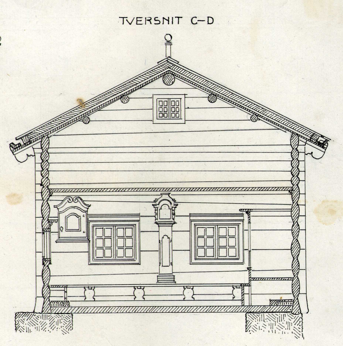 Johan J. Meyers tegning (1909) av tverrsnitt, langsnitt samt innredningsdetaljer i stuebygning, Bondal, Tuddal, Hjartdal, Telemark. Stuen satt opp i 1820 og innredet av Ola Persen Brændemo.
