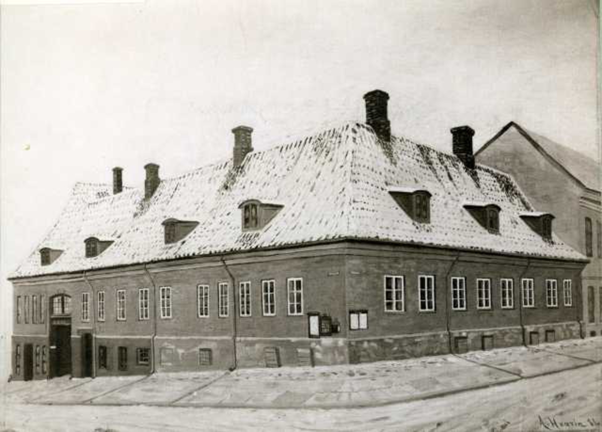 Grensen 12, Oslo. O. M. Hauges gård. Hjørnegård med snø på taket. Den kulturhistoriske Udstilling i Kristiania 1901.