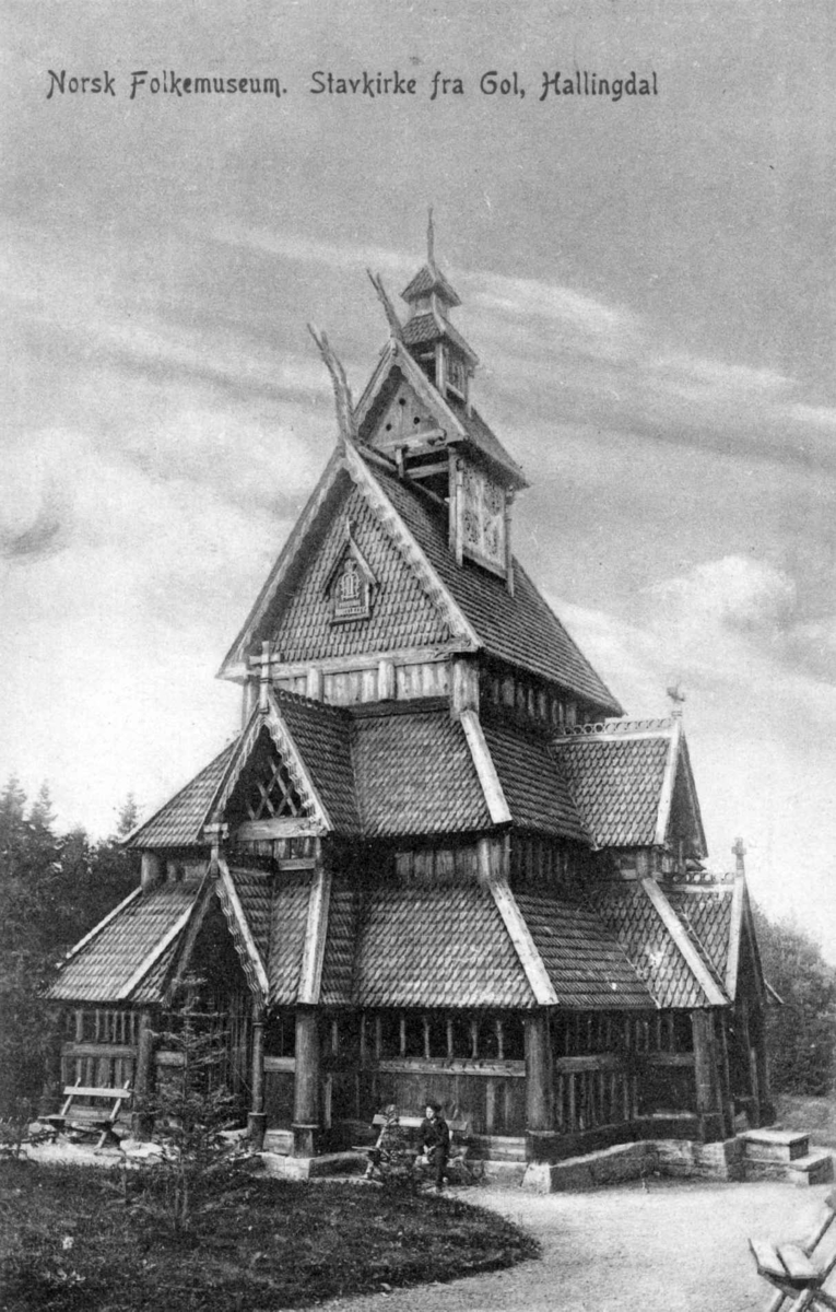 Stavkirken fra Gol i Hallingdal, på Norsk Folkemuseum, fotografert 1868.