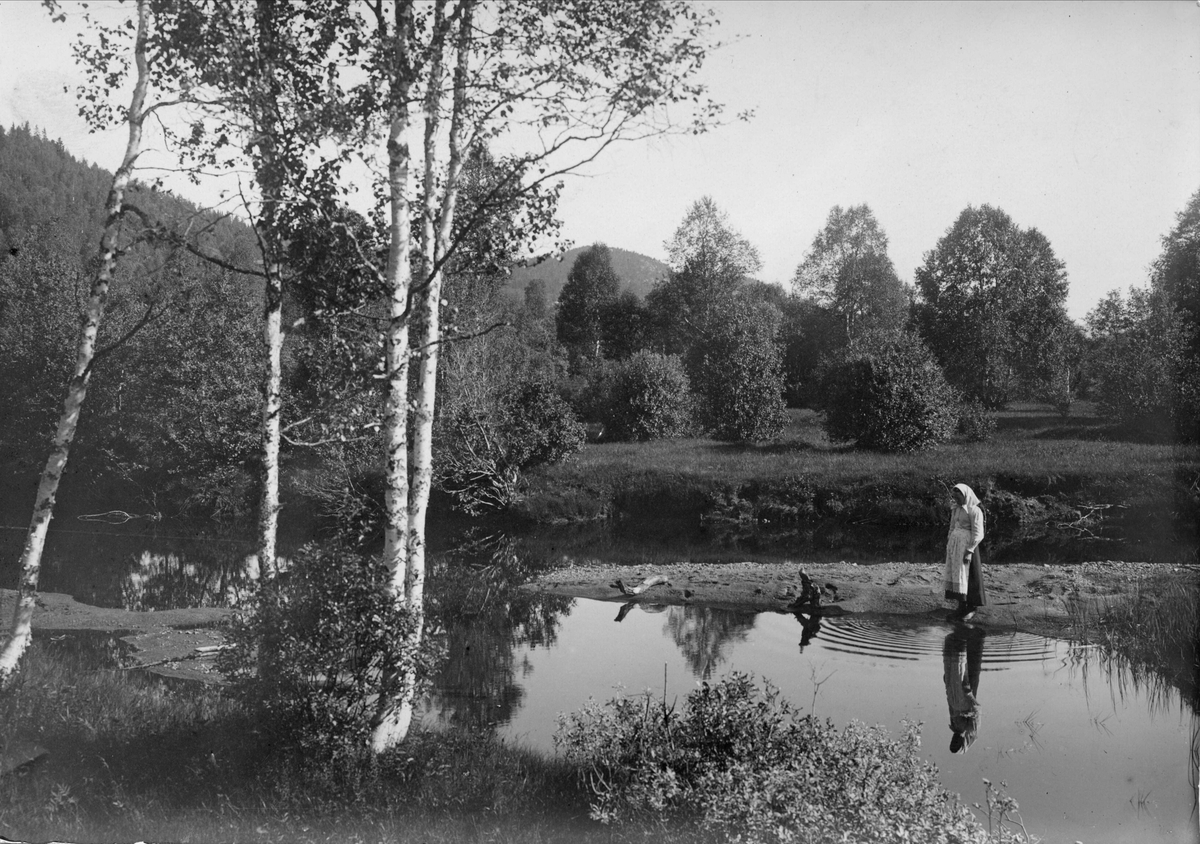 Landskap med vadende kvinne i folkedrakt, ukjent sted.
Serie tatt av Robert Collett (1842-1913), amatørfotograf og professor i zoologi. 
