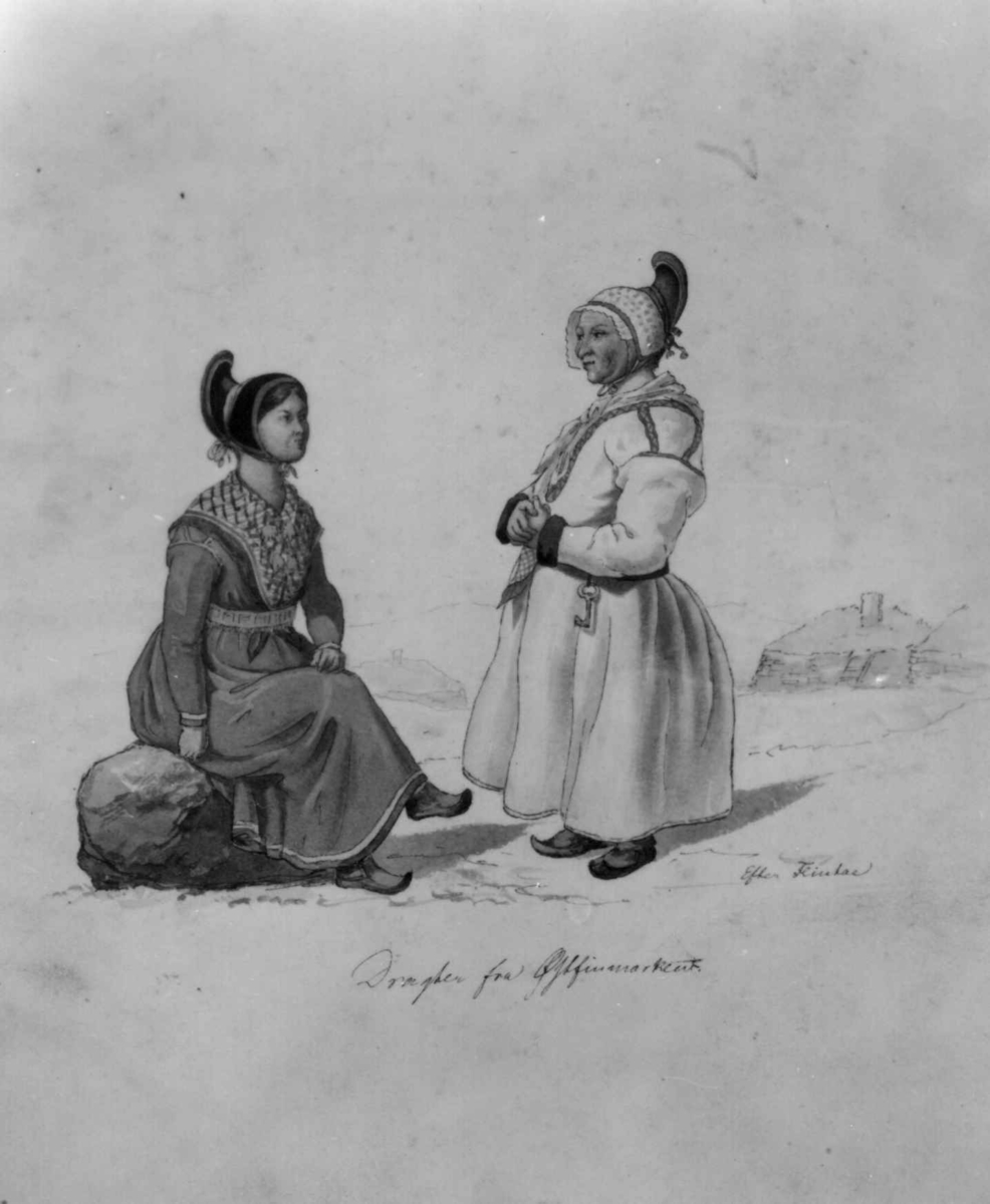 Kvinnedrakter med hornlue. To kvinner, den ene sitter på en stein, tegnet av Frich etter Flintoe (Keilhau).
