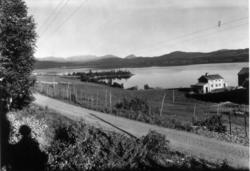 Gårdsbruk ved Oslo. 1936.  Vann, skog og fjell i bakgrunnen.