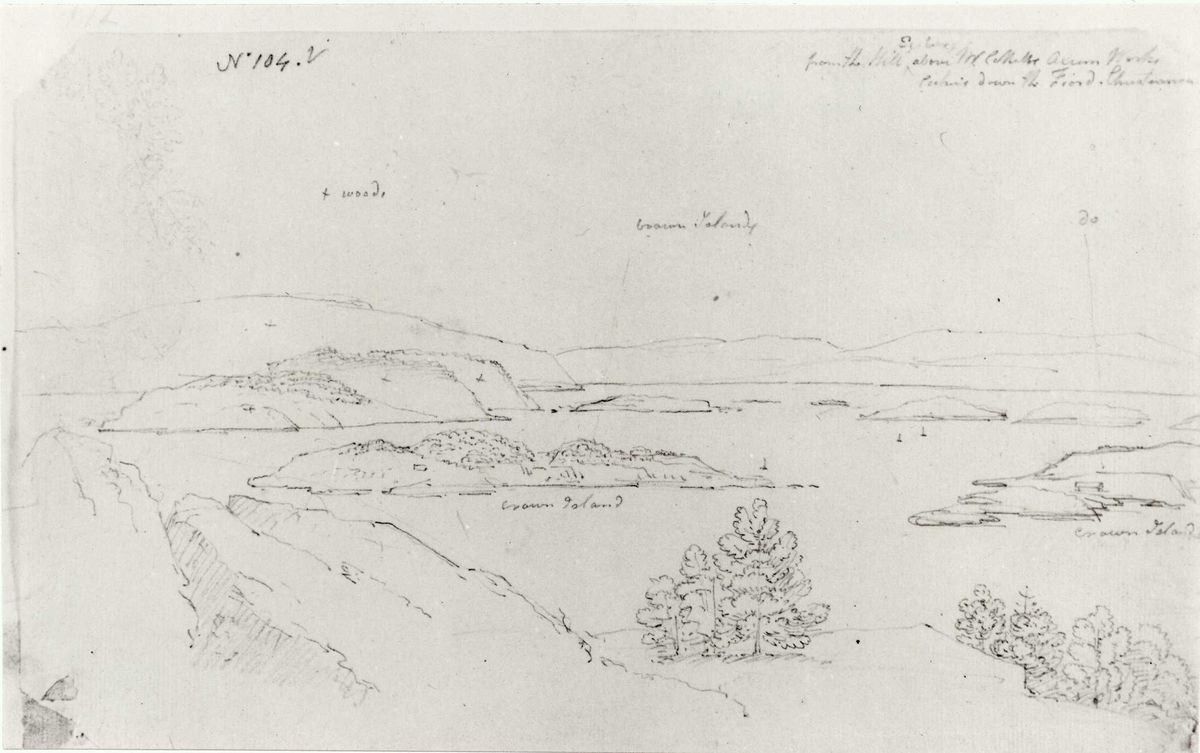 Oslo, Christiania. Blyanttegning av John Edy: Drawings  Norway, 1800. "Fjorden sett fra Ekeberg, ovenforAlunverket". Skissealbum utlånt av Deichmanske bibliotek.
