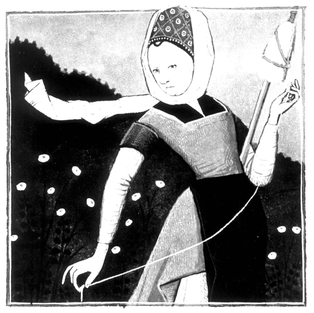 En kvinne spinner på håndtein. Illustrasjon fra 1400-tallet. Fra Sally Fox: The Medieval Woman, An illuminated book of days.