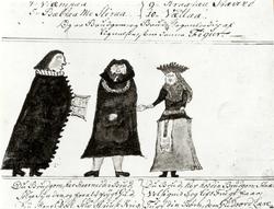 "Strilelandet", Hordaland. Brudepar og prest, malt 1723.