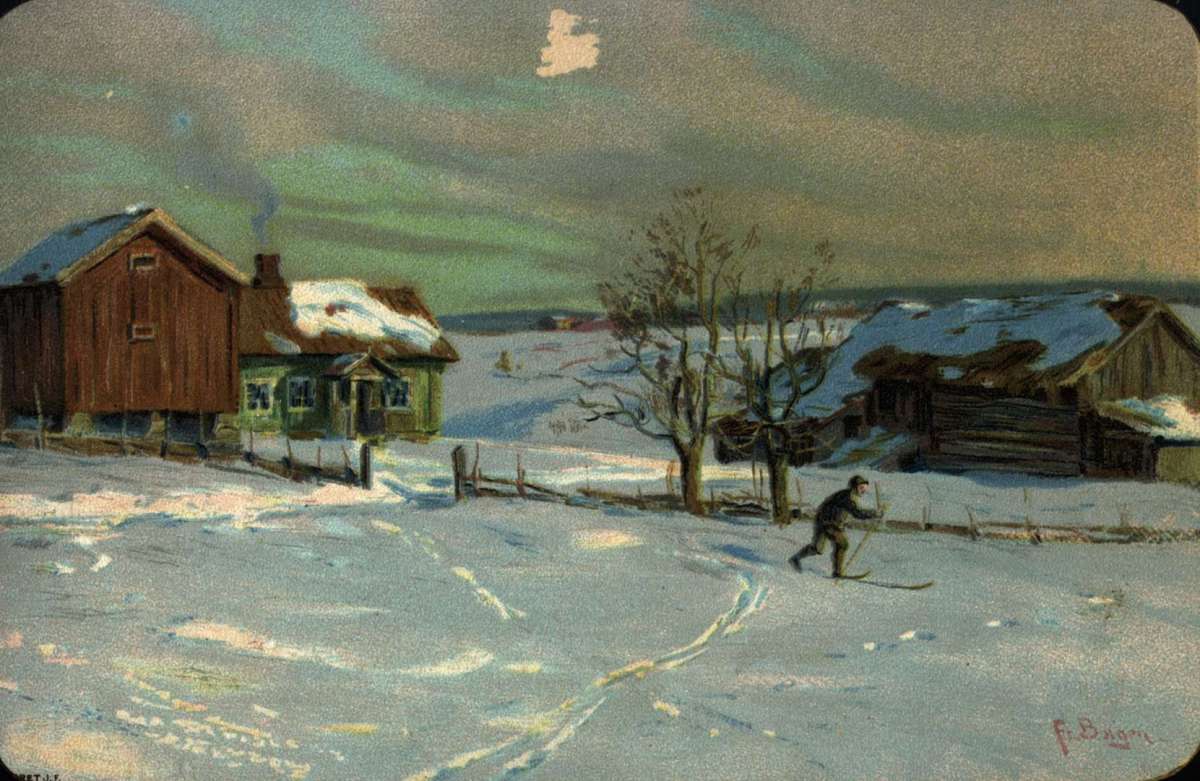 Postkort. Jule- og nyttårshilsen. Vintermotiv. Landskap med flere gårdsanlegg. En mann går på ski. Datert julen 1898.