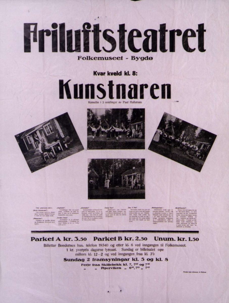 Plakat. Teaterforestilling for "Kunstnaren" på Norsk Folkemuseum. 1918 eller 1919