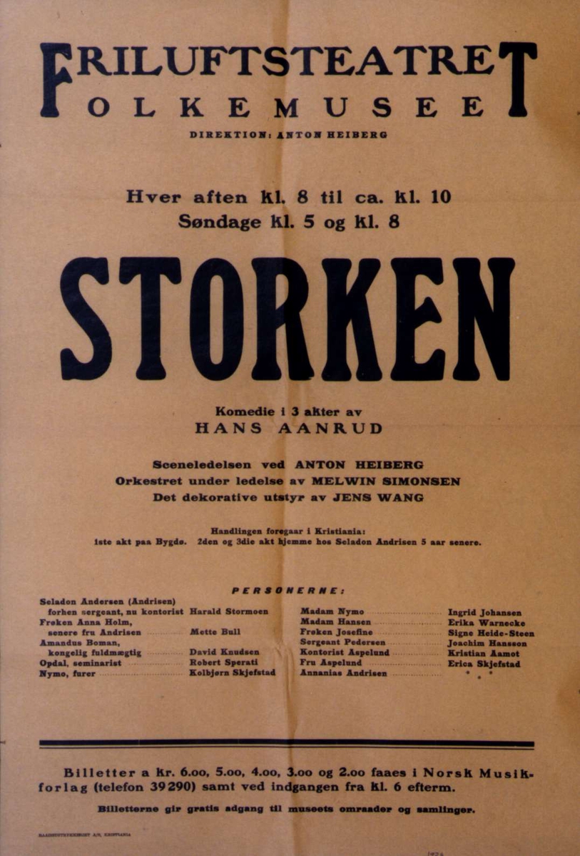 Plakat. Teaterforestilling for "Storken" av Hans Aanrud på Norsk Folkemuseum 1924.
