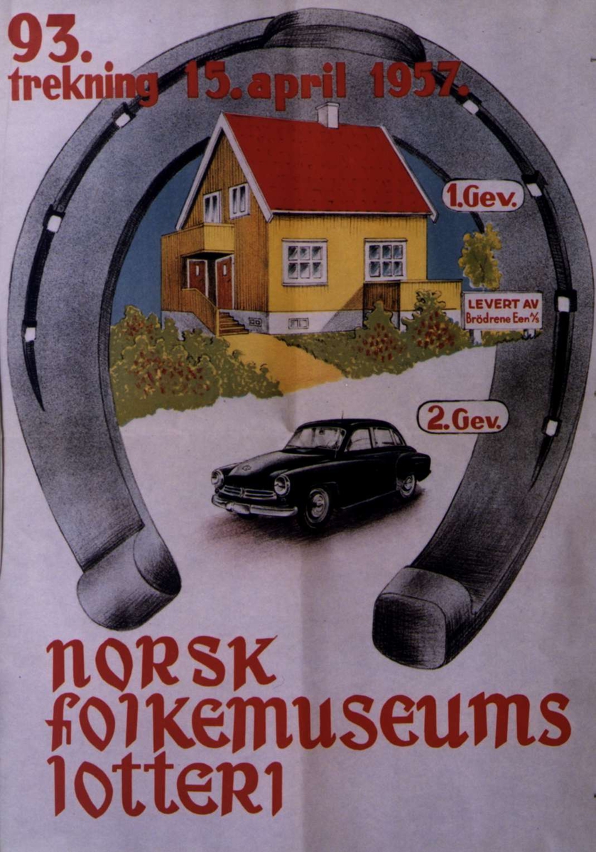 Plakat. Lotteri på Norsk Folkemuseum i 1957.