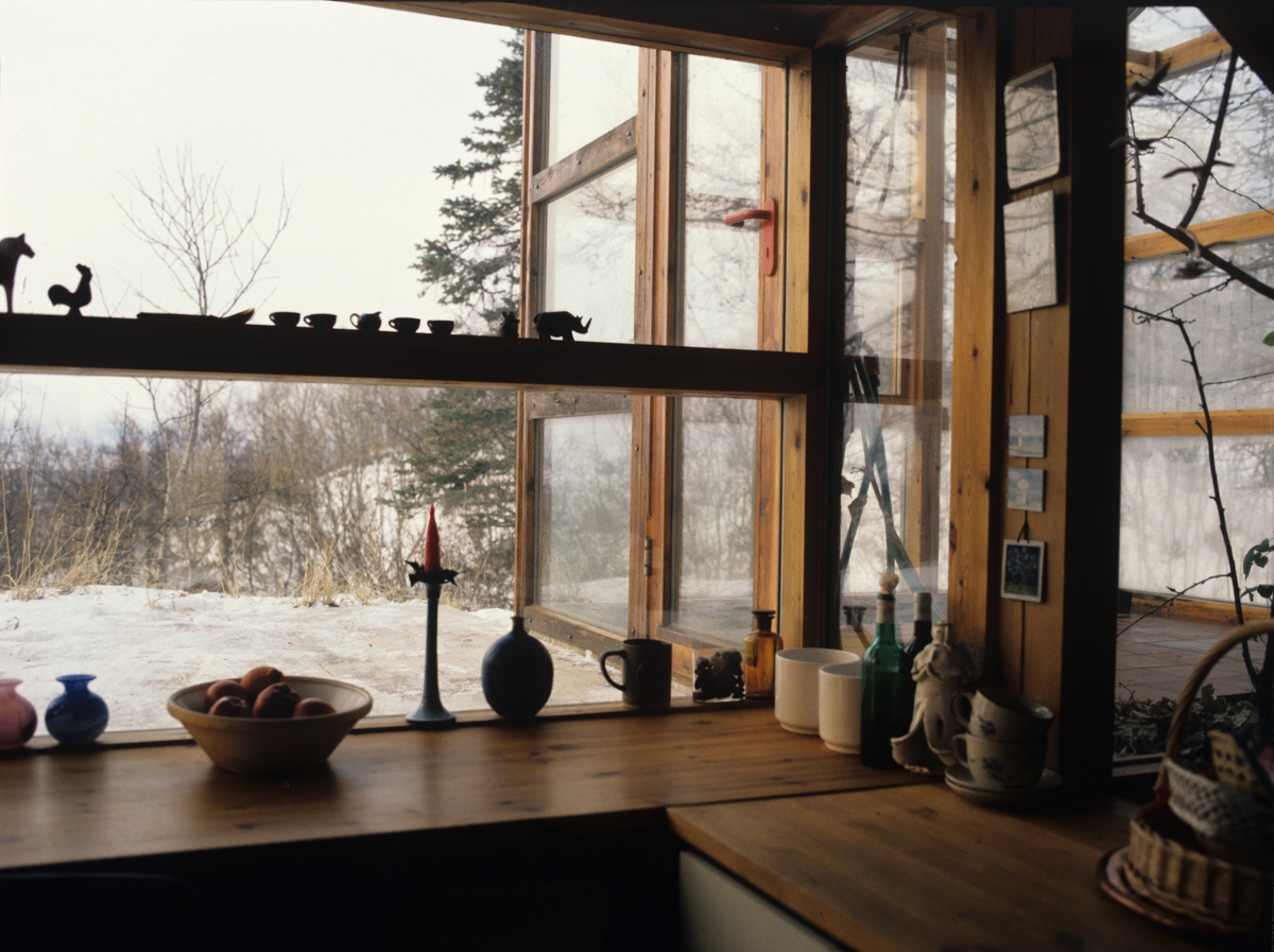 Enebolig med veksthus, utsikt fra kjøkkenet.  Illustrasjonsbilde fra Nye Bonytt 1989.