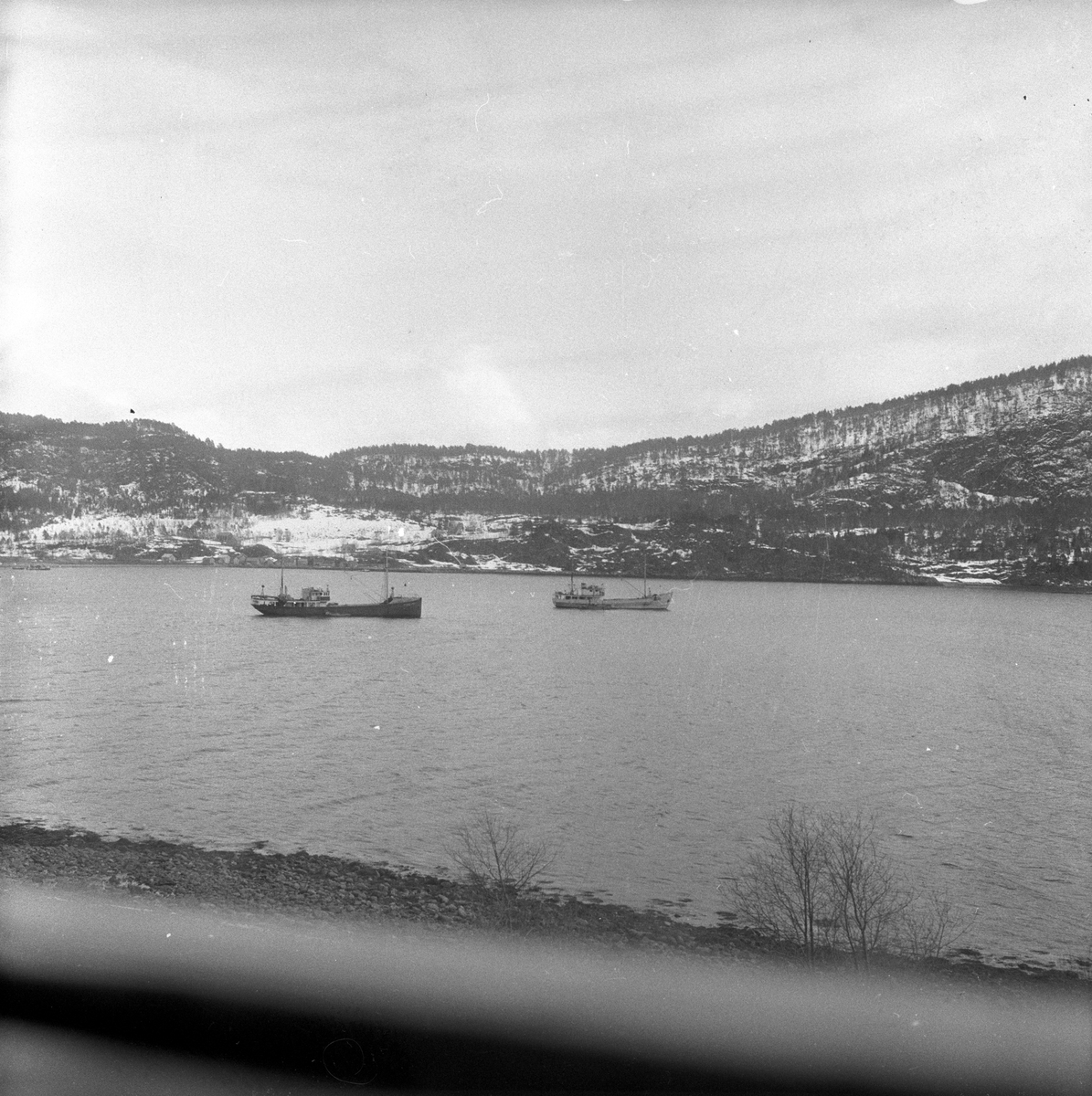 Skip på fjord i området mellom Ålesund og Åndalsnes. Fotografert 14. april 1956.