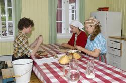 En gutt og to jenter skreller poteter. Trønderskolen anno 19