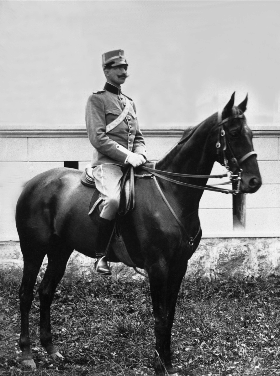 Portrett, mann i uniform på hest med kupert hale.