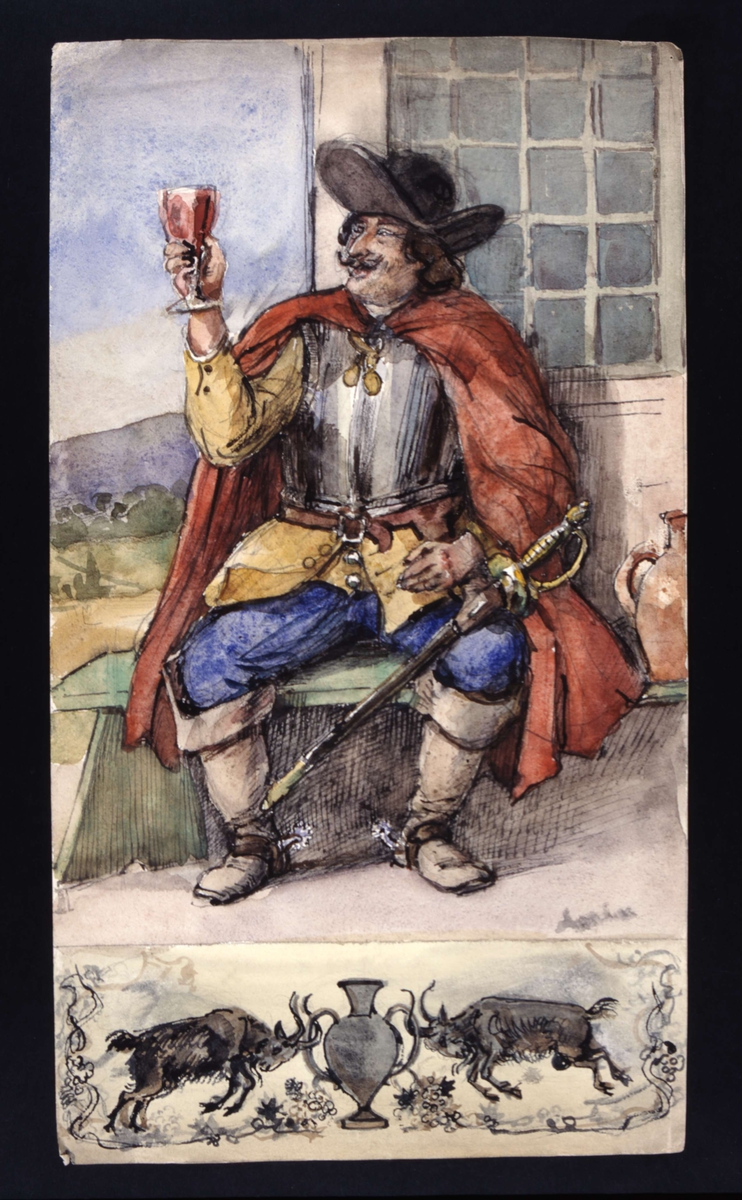 Man i 1600-talsdräkt med bägare i handen. Akvarell av Fritz von Dardel.