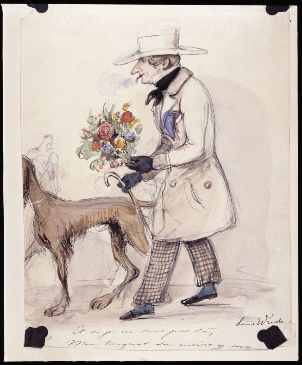 En man på väg att uppvakta med blommor. Akvarell av Fritz von Dardel