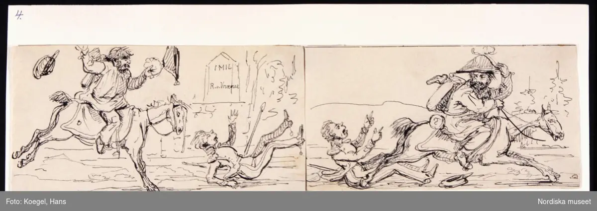 Sparfs äventyr. Vandraren stjäl Sparfs häst och officersmössa. Tusch av Fritz von Dardel, 1840