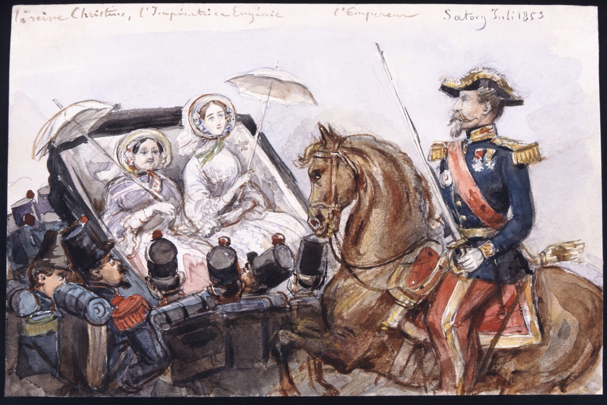 "La reine Christine, l'Impératrice Eugénie, l'Empereur." Den franske kejsaren Napoleon III till häst vid Sartory, juli 1853. Akvarell av Fritz von Dardel