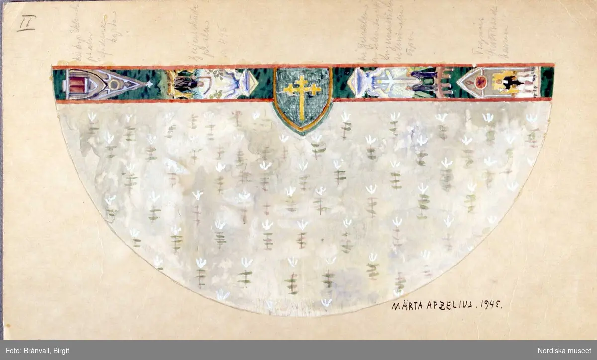 Akvarell, skiss Nr II till korkåpa av Märta Afzelius 1945 för AB Licium, ateljé för kyrklig textil i Stockholm. 