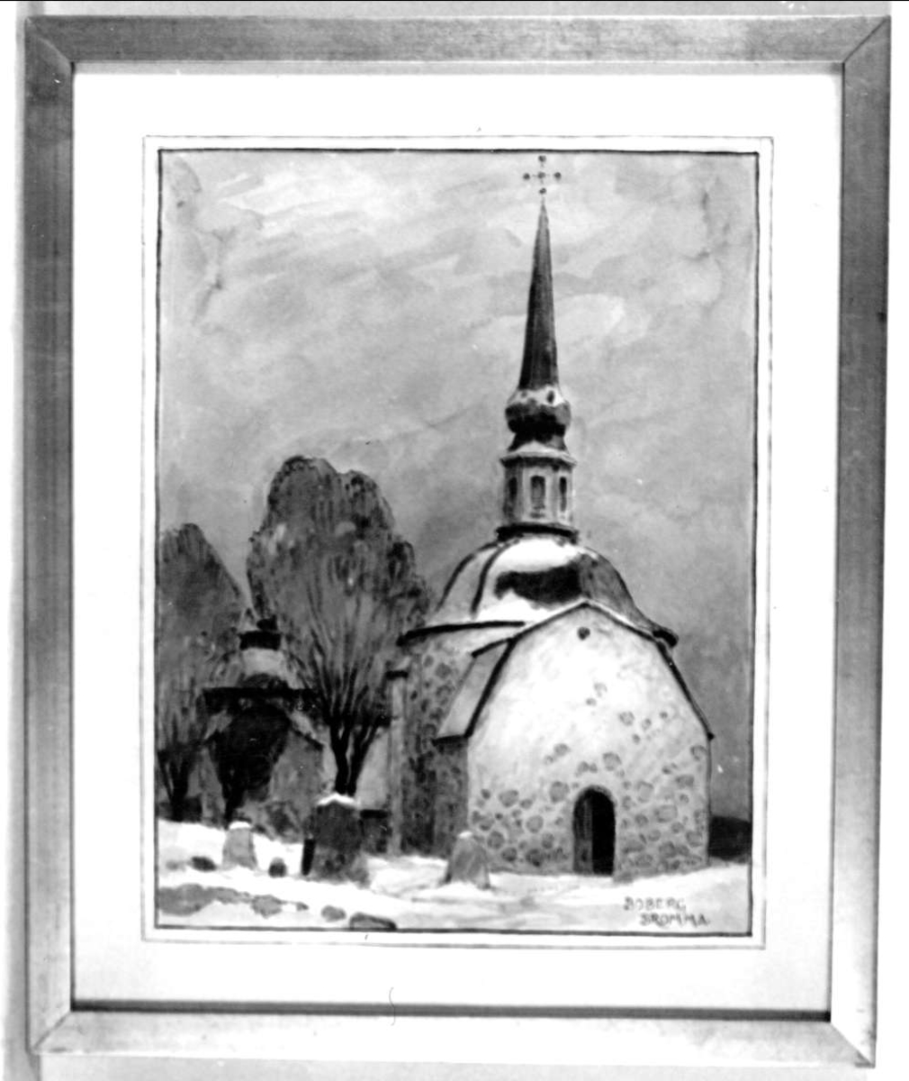 Akvarellen föreställer Bromma kyrka, Bromma socken, Uppland.