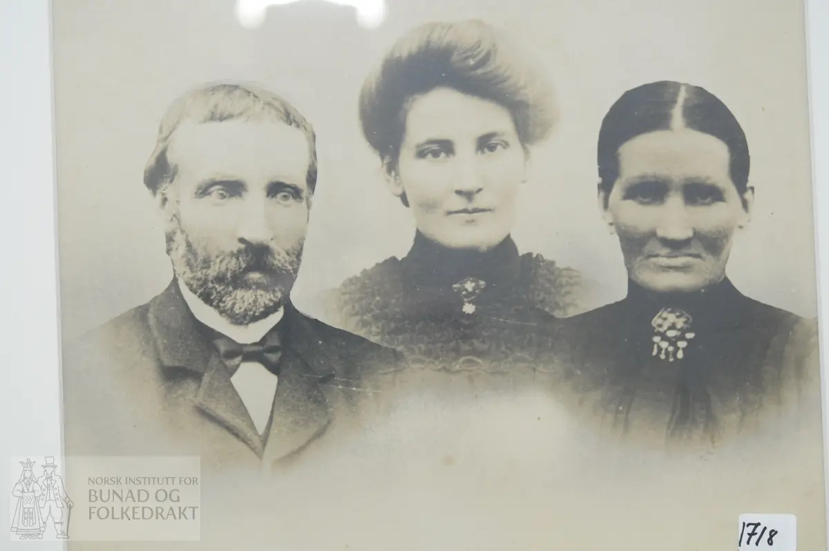 Fotografi av familie. Kvinna til høgre (født 1857) har på seg sølja som er registrert NBF2012-1722