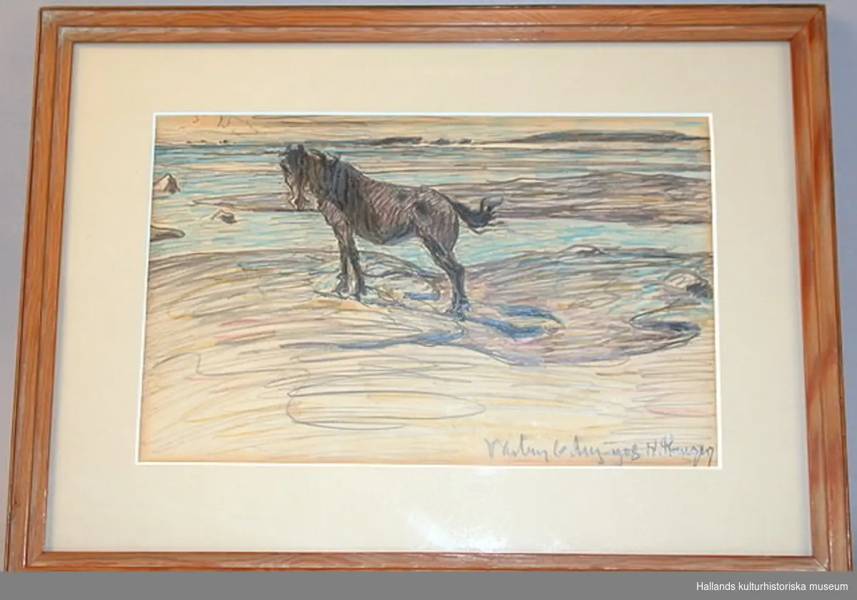 "Kustlandskap med häst". Häst stående på en klippavsats vid havet.