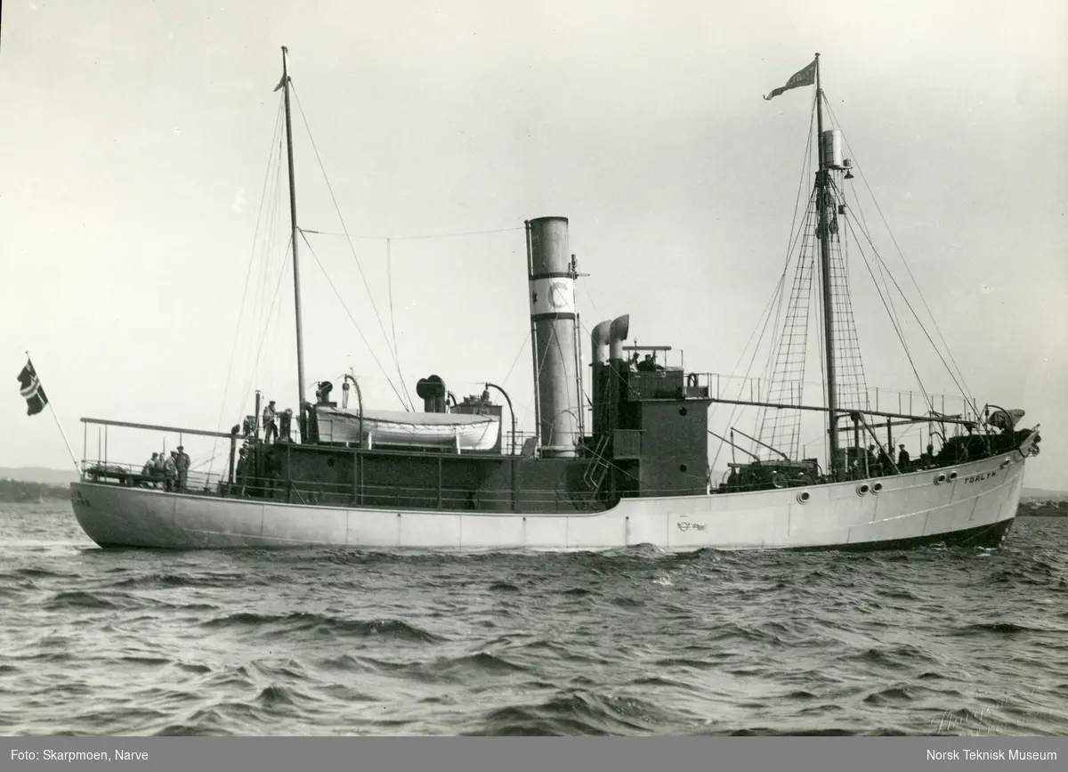 Eksteriør, hvalfangstskipet D/S Torlyn (omdøpt til D/S Lafjord i 1963), B/N 447. Skipet ble levert av Akers mek. Verksted i 1929 til A/S Odd (A/S Thor Dahl, Sandefjord).