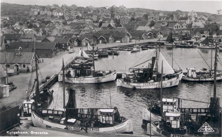 Tryckt text på kortet: "Kungshamn. Gravarne".
Noterat på kortet: "Från Bäckevikskullen mot s. Början av 1940-t.".