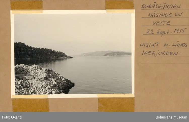 Noterat på kortet: "Boråsgården. Näsinge Sn. Vette 22 Sept. 1955."
"Utsikt n. längs Idefjorden."