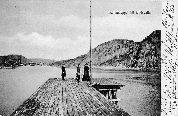 Tryckt text på vykortets framsida: "Hamninloppet till Uddevalla".

