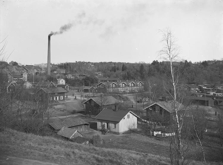 Enligt fotografens noteringar: "Munkedals fabrik med en del bostäder/gammal plåt - omkr 1910."