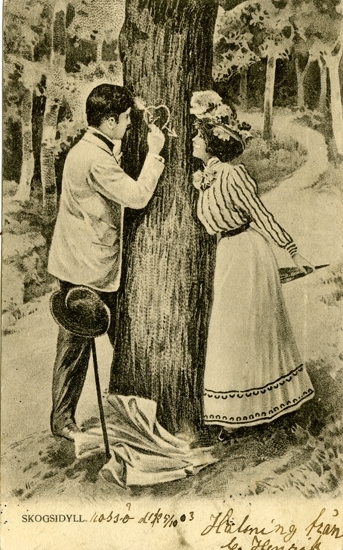 Postkort. "Skogsidyll." Par som ristar ett hjärta med pil genom i barken på ett träd
