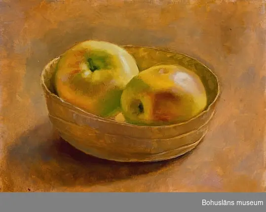 Två gulgröna äpplen i skål. (Baksidan tuschteckning av öppen spis)
